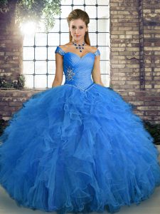 Off The Shoulder Sleeveless Quince Ball Gowns Floor Length Beading and Ruffles Blue Tulle