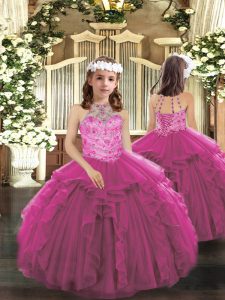 Stylish Beading and Ruffles Little Girls Pageant Dress Fuchsia Lace Up Sleeveless Floor Length