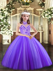 Fantastic Floor Length Lace Up Little Girls Pageant Gowns Lavender for Party and Wedding Party with Appliques