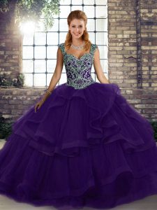 Hot Sale Purple Sleeveless Floor Length Beading and Ruffles Lace Up Quince Ball Gowns