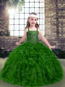 Glamorous Organza Straps Sleeveless Lace Up Beading Little Girl Pageant Gowns in Green