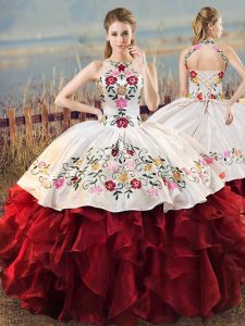 Ball Gowns Quinceanera Gowns White And Red Halter Top Organza Sleeveless Floor Length Lace Up
