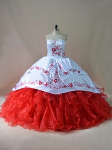 Lovely White And Red Sweetheart Neckline Embroidery Sweet 16 Dress Sleeveless Lace Up