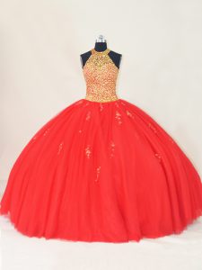 Best Beading and Appliques Quinceanera Gowns Red Lace Up Sleeveless Floor Length