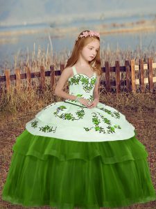 Fitting Green Ball Gowns Straps Sleeveless Tulle Floor Length Lace Up Embroidery Pageant Dress for Teens