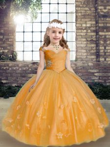 Most Popular Tulle Sleeveless Floor Length Kids Formal Wear and Beading and Hand Made Flower