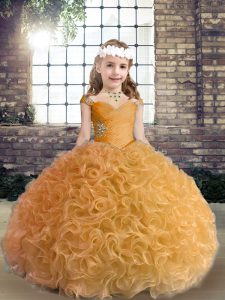 Fabric With Rolling Flowers Straps Sleeveless Lace Up Beading Pageant Dress for Girls in Gold