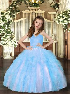 Straps Sleeveless Lace Up Little Girl Pageant Dress Aqua Blue Tulle