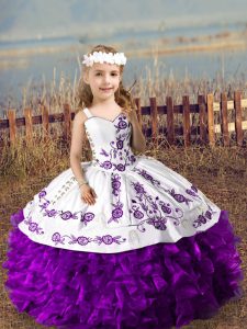 Glorious Purple Ball Gowns Organza Straps Sleeveless Embroidery and Ruffles Floor Length Lace Up Pageant Gowns For Girls