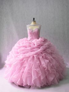 Most Popular Pink Ball Gowns Beading and Ruffles Quinceanera Gowns Lace Up Organza Sleeveless