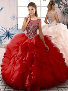 Suitable Red Sleeveless Beading and Ruffles Floor Length Quinceanera Gowns