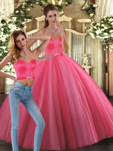 Customized Beading Quinceanera Gown Coral Red Lace Up Sleeveless Floor Length