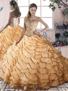 Gold Sleeveless Organza Brush Train Lace Up Quinceanera Dresses for Sweet 16 and Quinceanera