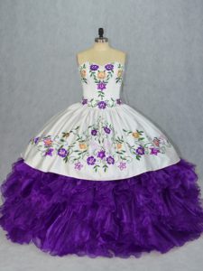 Latest White And Purple Sleeveless Floor Length Embroidery and Ruffles Lace Up Vestidos de Quinceanera