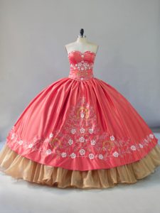 Flare Sweetheart Sleeveless Lace Up Quince Ball Gowns Watermelon Red Satin and Organza