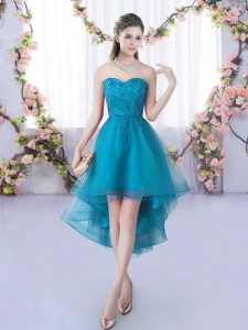 Teal Sleeveless High Low Lace Lace Up Dama Dress