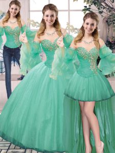 Dynamic Turquoise Sleeveless Tulle Lace Up Vestidos de Quinceanera for Sweet 16 and Quinceanera