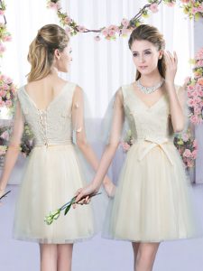 Decent Mini Length Empire Sleeveless Champagne Dama Dress for Quinceanera Lace Up