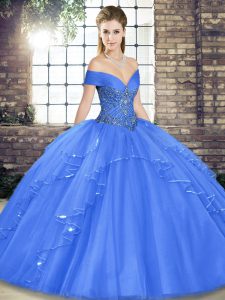 Nice Blue Ball Gowns Off The Shoulder Sleeveless Tulle Floor Length Lace Up Beading and Ruffles 15 Quinceanera Dress