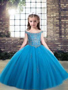 Floor Length Baby Blue Kids Formal Wear Off The Shoulder Sleeveless Lace Up