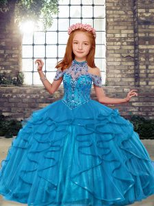Dynamic Sleeveless Tulle Floor Length Lace Up Child Pageant Dress in Teal with Beading and Ruffles