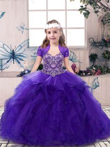 Purple Straps Neckline Beading Pageant Gowns Sleeveless Lace Up
