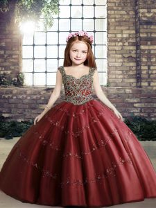 Fantastic Straps Sleeveless Lace Up Kids Formal Wear Red Tulle