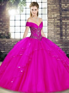 Fuchsia Tulle Lace Up Off The Shoulder Sleeveless Floor Length Quinceanera Dresses Beading and Ruffles