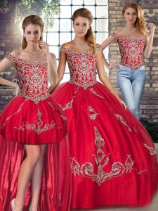 Beading and Embroidery Sweet 16 Dresses Red Lace Up Sleeveless Floor Length