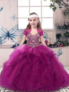 Fuchsia Straps Neckline Beading and Ruffles Little Girls Pageant Gowns Sleeveless Lace Up