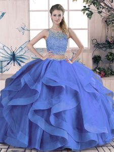 Blue Scoop Lace Up Beading and Ruffles Ball Gown Prom Dress Sleeveless