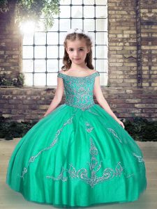 Turquoise Pageant Gowns For Girls Party and Wedding Party with Beading Off The Shoulder Sleeveless Lace Up