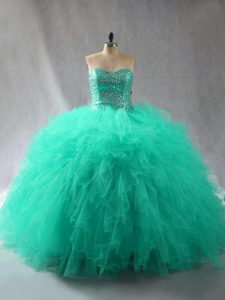 High End Sweetheart Sleeveless Tulle Quince Ball Gowns Beading and Ruffles Lace Up