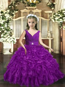 Latest Floor Length Eggplant Purple Little Girls Pageant Gowns Organza Sleeveless Ruffles