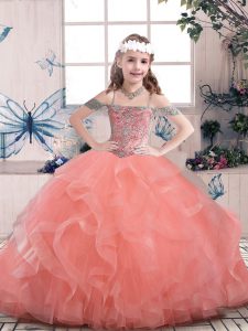 Charming Watermelon Red Sleeveless Tulle Lace Up Child Pageant Dress for Party and Sweet 16 and Wedding Party