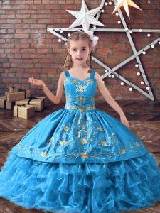 Hot Sale Baby Blue Ball Gowns Satin and Organza Straps Sleeveless Embroidery and Ruffled Layers Floor Length Lace Up Pageant Dress Toddler