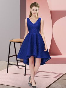 Enchanting Sleeveless Lace High Low Zipper Court Dresses for Sweet 16 in Royal Blue with Lace
