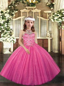 Hot Pink Ball Gowns Halter Top Sleeveless Tulle Floor Length Lace Up Appliques Little Girls Pageant Dress Wholesale