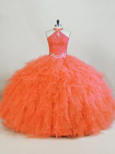 Halter Top Sleeveless Lace Up Sweet 16 Dress Orange Tulle