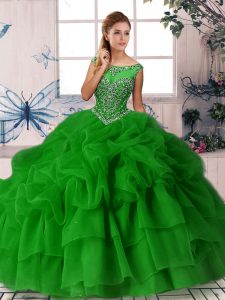 Green Sleeveless Organza Brush Train Zipper 15 Quinceanera Dress for Military Ball and Sweet 16 and Quinceanera