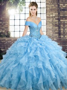 New Style Blue Organza Lace Up Off The Shoulder Sleeveless Sweet 16 Quinceanera Dress Brush Train Beading and Ruffles