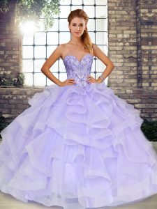 Chic Beading and Ruffles Quinceanera Gowns Lavender Lace Up Sleeveless Floor Length