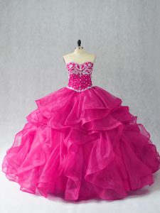 Shining Fuchsia Organza Lace Up Quinceanera Gowns Sleeveless Floor Length Beading and Ruffles