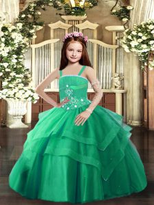 Turquoise Lace Up Straps Beading and Ruffled Layers Child Pageant Dress Tulle Sleeveless
