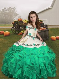 Dynamic Turquoise Sleeveless Embroidery and Ruffles Floor Length Pageant Gowns For Girls