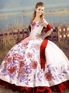 Inexpensive White And Red Lace Up Quince Ball Gowns Embroidery and Ruffles Sleeveless Floor Length