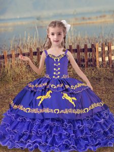 Ideal Straps Sleeveless Little Girls Pageant Gowns Floor Length Beading and Embroidery and Ruffled Layers Blue Organza