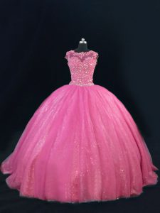 Extravagant Hot Pink Tulle Lace Up Scoop Sleeveless Floor Length Sweet 16 Dress Beading and Lace and Sequins