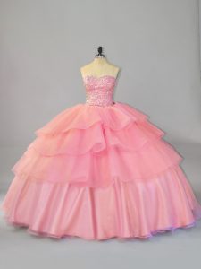 Organza Sweetheart Sleeveless Brush Train Lace Up Beading and Ruffles Sweet 16 Dress in Watermelon Red