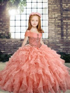 Straps Sleeveless Organza Little Girls Pageant Dress Beading and Ruffles Lace Up